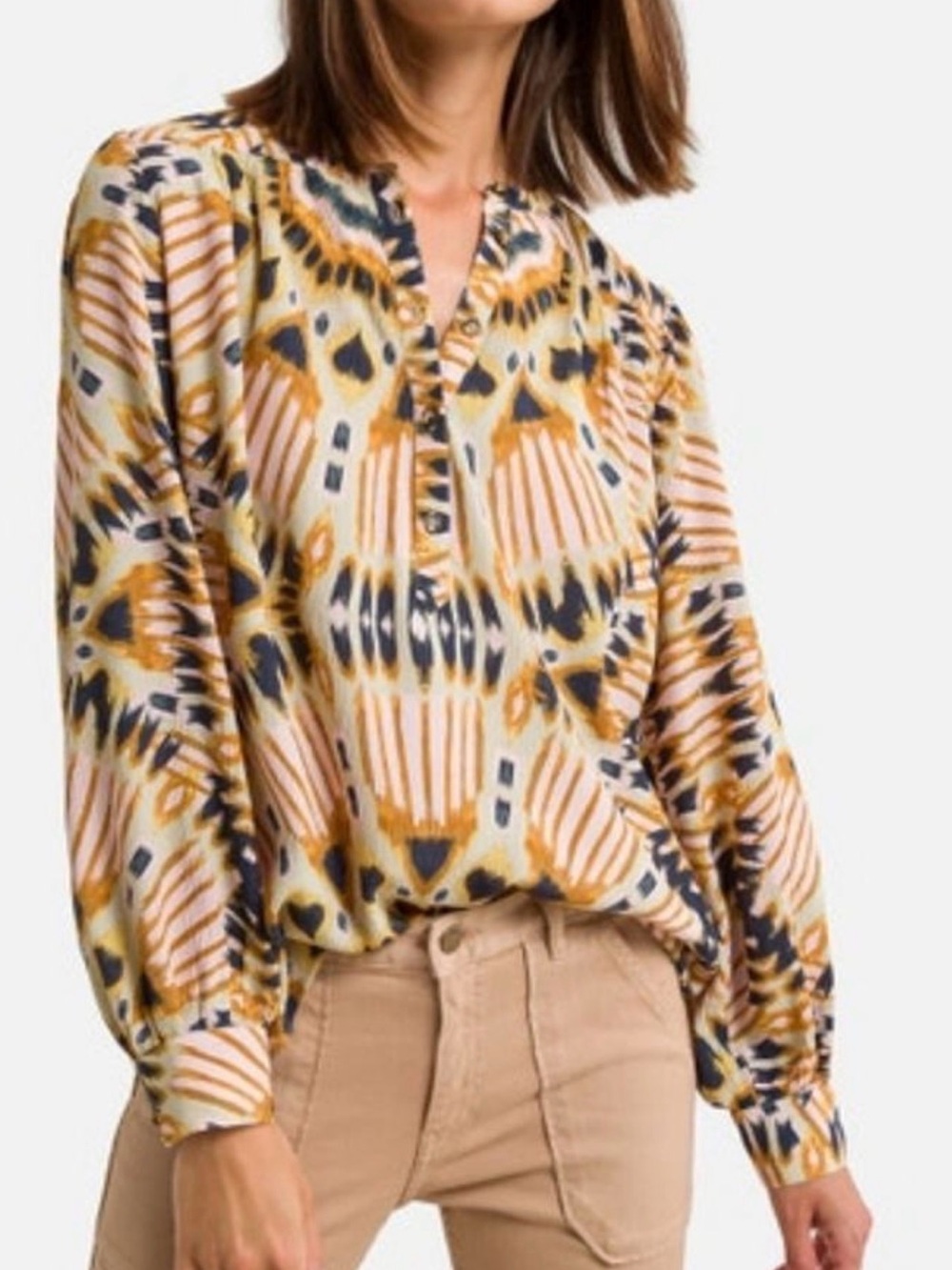 Ba&sh Women’s Textured Woven Printed Long-Sleeve V-Neck Blouse - Mustard Multi